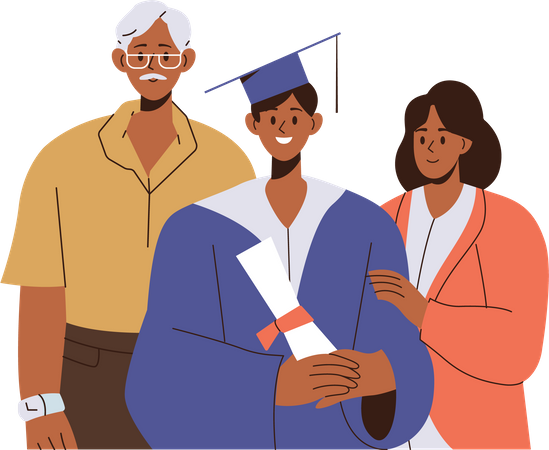 Proud happy family and cheerful graduate son student standing together  Illustration