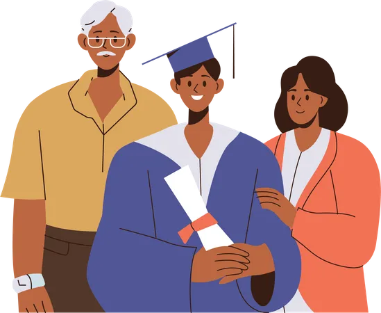Proud Happy Family People And Cheerful Graduate Son Student Holding Diploma Standing Together Flat Cartoon Portrait Son Celebrating University Degree Achievement With Parents Vector Illustration Illustration