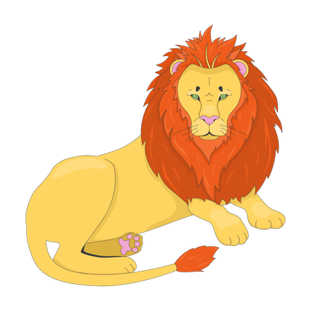 Proud lion lying down with intense gaze and voluminous mane  Illustration