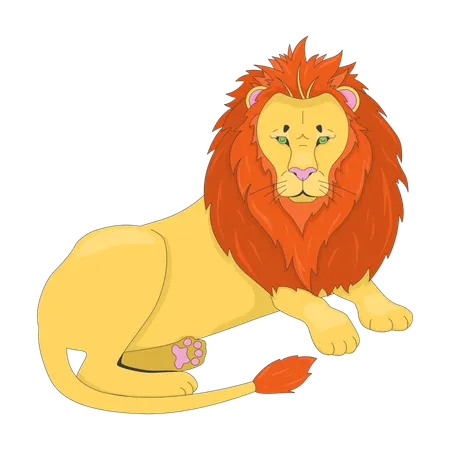 Proud lion lying down with intense gaze and voluminous mane  Illustration