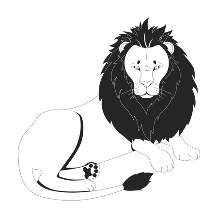 Proud lion lying down with intense gaze and voluminous mane  Illustration