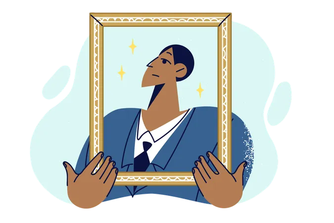 Proud man in business clothes holding golden portrait frame  Illustration