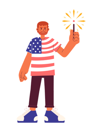 Proud man wearing american flag tshirt with sparkler  イラスト