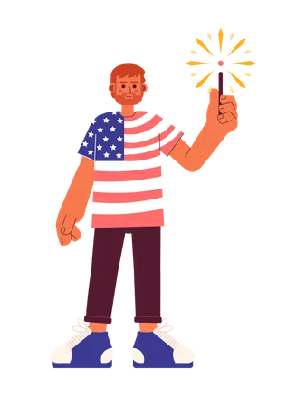 Patriotic 4th Of July Flat Vector Spot Illustration Proud Man Wearing American Flag Tshirt With Sparkler 2 D Cartoon Character On White For Web UI Design Holiday Isolated Editable Creative Hero Image イラスト