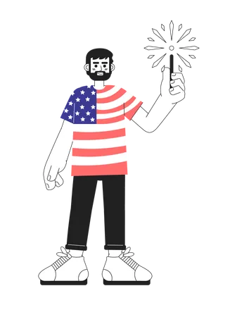 Patriotic 4th Of July Monochrome Vector Spot Illustration Proud Man Wearing American Flag Tshirt With Sparkler 2 D Flat Bw Cartoon Character For Web UI Design Isolated Editable Hand Drawn Hero Image Illustration