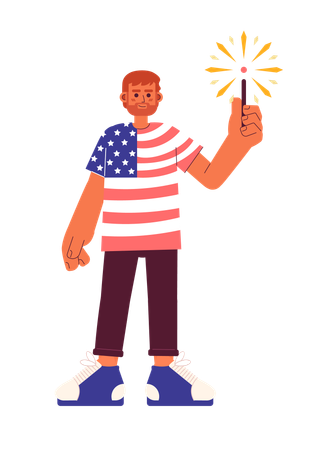 Proud man wearing american flag tshirt with sparkler  Illustration