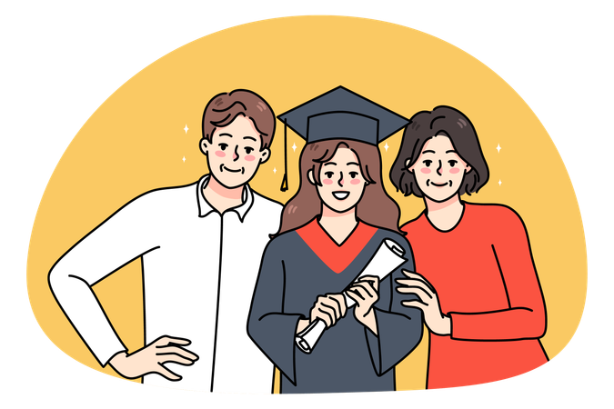 Proud mother and father with girl child graduate from Collage  Illustration