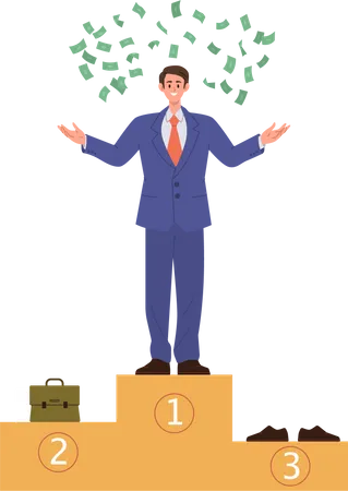 Proud Successful Businessman Cartoon Winner Character Standing On First Place Of Podium Under Money Cash Rain Awards For Leadership Financial Goal Achievement And Victory In Business Challenge Illustration