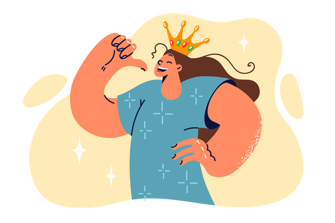 Proud teen girl is wearing crown points finger at herself  イラスト