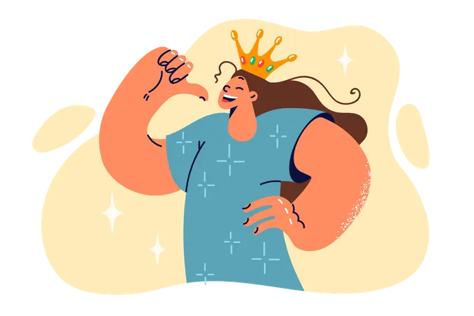 Proud Teenage Girl Wearing Crown Points Finger At Herself Feeling Ambitious And Confident To Succeed Schoolgirl In Golden Princess Crown For Concept Of Narcissism And Vanity In Children Illustration