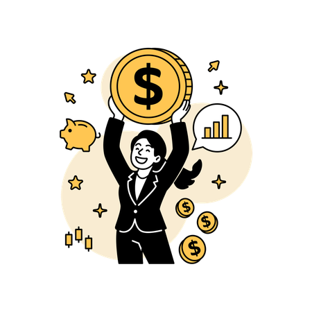 Proud Woman Holding Giant Coin  Illustration