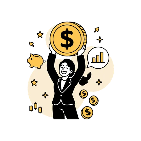 Proud Woman Holding Giant Coin  Illustration