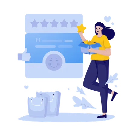 A Woman Gives A Star Rating Feedback Vector Illustration イラスト