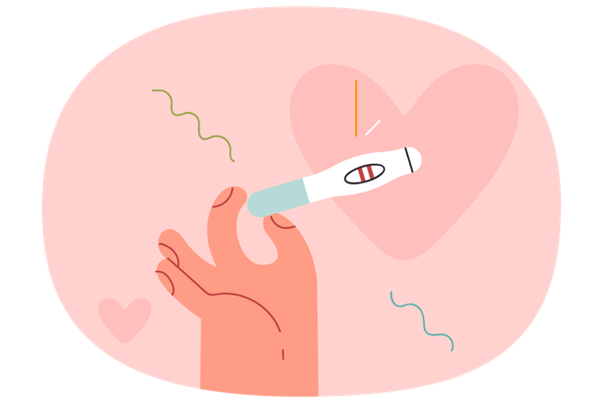 Prueba de embarazo con resultado positivo en manos de la mujer para el concepto de importancia del uso de anticonceptivos  Ilustración