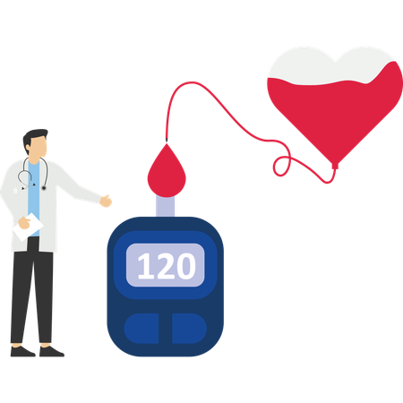 Prueba de nivel de glucosa en sangre para diabéticos en glucómetro digital  Ilustración