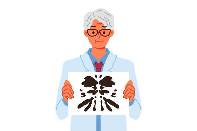 El psicoterapeuta utiliza la prueba de Rorschach para comprobar la salud mental de la persona e identificar problemas mentales.  Ilustración