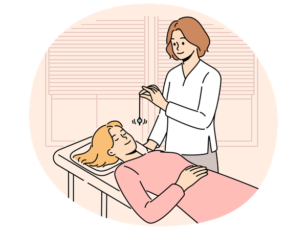 Psychiatrist hypnotizes female patient to treat psychological problems caused by difficult childhood  Illustration