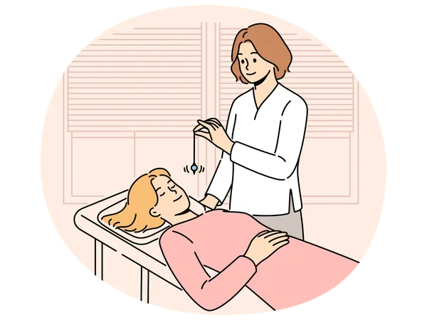 Psychiatrist hypnotizes female patient to treat psychological problems caused by difficult childhood  Illustration