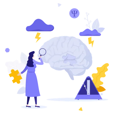 Neuroscientist Psychologist Or Psychiatrist Investigating Brain With Magnifier Concept Of Neuroscience Or Psychology Mental Health Human Consciousness Research Modern Flat Vector Illustration 일러스트레이션