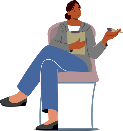 Psychologist Female Sit on Armchair with Clipboard Illustration