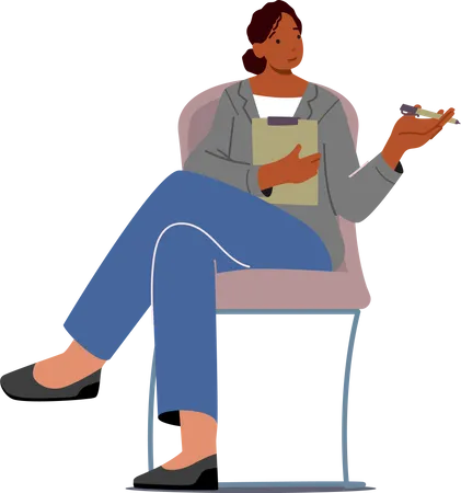 Psychologist Female Sit on Armchair with Clipboard Illustration