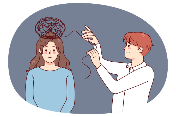 Psychologist help female patient with confused thoughts  Illustration