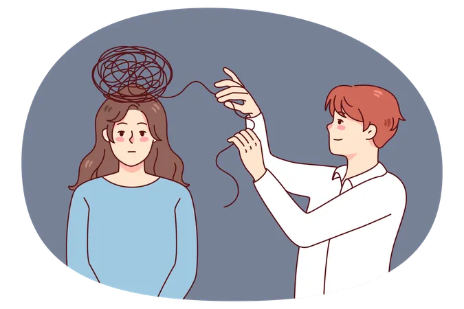 Psychologist help female patient with confused thoughts  Illustration