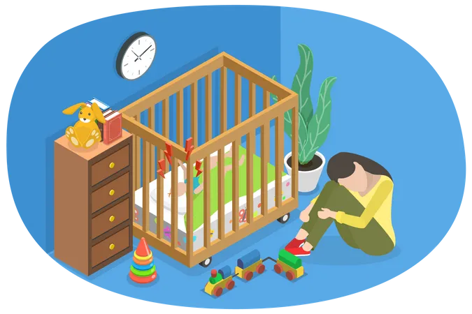 3 D Isometric Flat Vector Conceptual Illustration Of Mother Depression Psychology Problem And Parent Difficulties Illustration