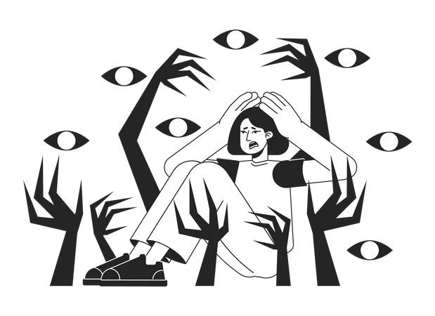Psychosis Episode Bw Concept Vector Spot Illustration Woman Struggling With Nervous Breakdown 2 D Cartoon Flat Line Monochromatic Character For Web App UI Design Anxiety Editable Outline Hero Image Illustration