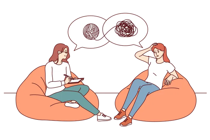 Session Of Psychotherapist Helping Girl Patient Understand Confused Thoughts And Solve Psychological Problems Female Psychotherapist Sits On Ottoman Opposite Woman With Mental Disorder Illustration