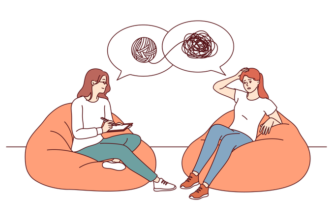 Psychotherapist helping girl patient understand confused thoughts and solve psychological problems  Illustration