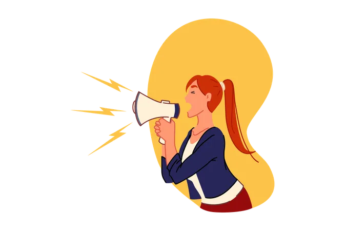 Public Announcement Protest Concept Young Woman Holding Megaphone Female Rights Activist Feminist Promoter Shouting Message In Loudspeaker Social Demonstration Marketing Simple Flat Vector Illustration
