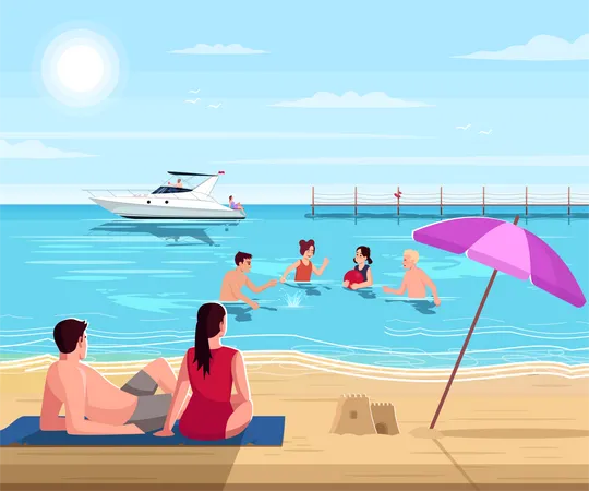 Public Beach Semi Flat Vector Illustration Summertime Recreation Kids Swim And Play Parent Rest Summer Relaxation Near Sea Fun Activity Near Ocean Family 2 D Cartoon Characters For Commercial Use Illustration