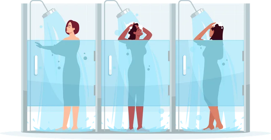 Public Female Shower Semi Flat RGB Color Vector Illustration Woman Wash In Cabin Girl Clean With Soap Hygiene And Body Care Multiethnic Women Isolated Cartoon Characters On White Background Illustration