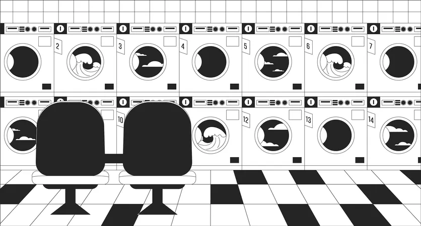 Public Laundry Room Black And White Lo Fi Chill Wallpaper Laundromat Washing Machines With Chairs 2 D Vector Cartoon Interior Illustration Minimalism Background 80 S Retro Album Art Line Art Illustration