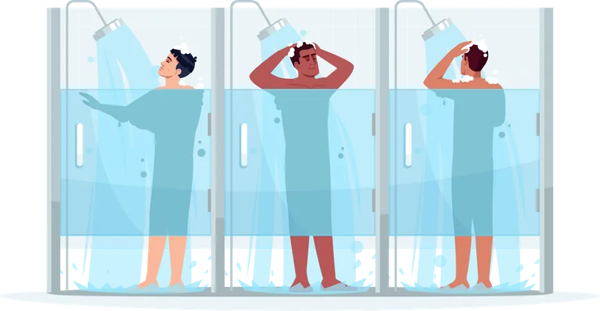Public Male Shower Semi Flat RGB Color Vector Illustration Man Clean With Shampoo Guy In Cabin Wash With Soap Hygiene And Body Care Diverse Men Isolated Cartoon Characters On White Background 일러스트레이션