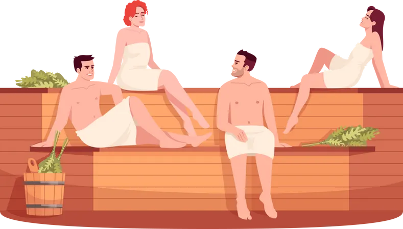 Public Sauna Semi Flat RGB Color Vector Illustration Public Russian Stove For Female And Male Finnish Bathhouse Friends In Spa Resort Isolated Cartoon Character On White Background イラスト