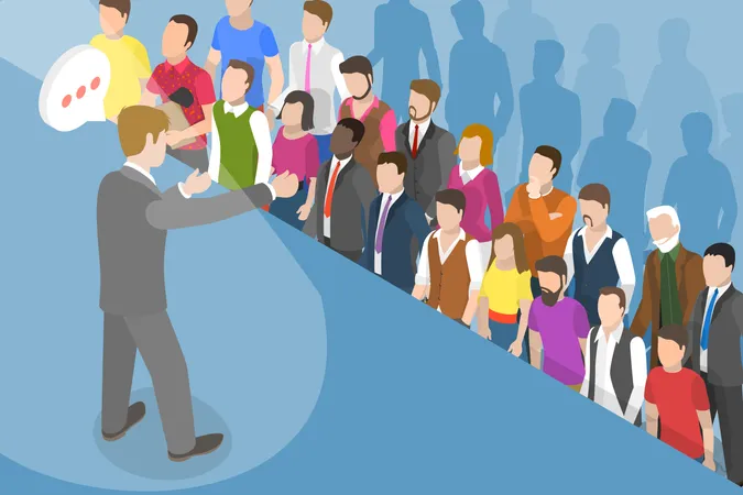 3 D Isometric Flat Vector Conceptual Illustration Of Speech In Front Of Crowd Public Speaking Illustration