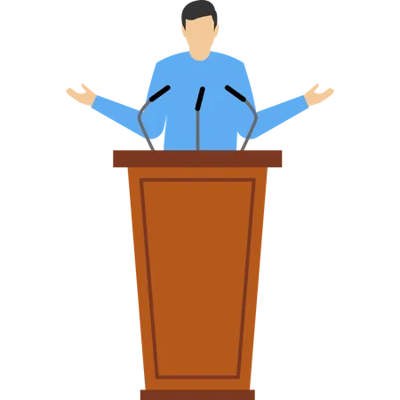 Public Speaking Skills Hand Gestures Voice And Expression To Win Audience Concept Confidence Charisma Confident Businessman Speaking In Front Of The Stage With Podium Microphone Spotlights Illustration
