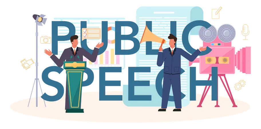 Public Speech Typographic Header Professional Speaker Or Commentator Speaking To A Microphone Broadcasting Or Public Address Business Seminar Speaker Isolated Flat Vector Illustration 일러스트레이션