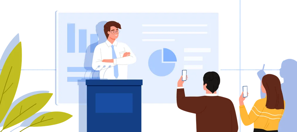 Public Speech And Presentation Of Scientific Research By Scientist Speaker Smart Man With Glasses Standing At Podium With Microphones To Speak In Front Of Audience Cartoon Vector Illustration Illustration