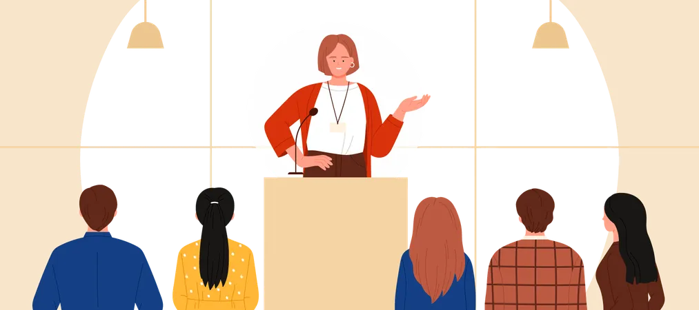 Public Speech By Speaker At Podium In Front Of Audience Happy Woman Standing At Rostrum With Microphone Young Female Leader Speaking To Crowd Of People On Meeting Cartoon Vector Illustration Illustration