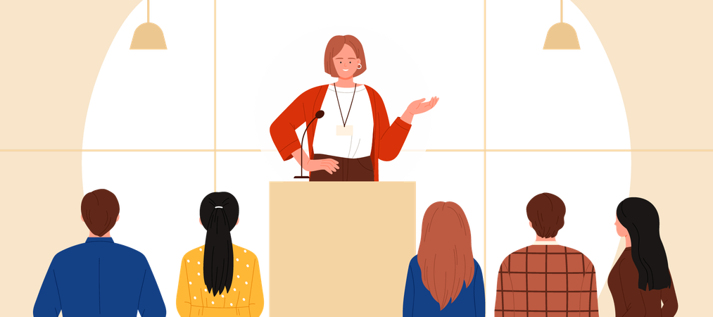 Public speech by speaker at podium in front of audience  Illustration