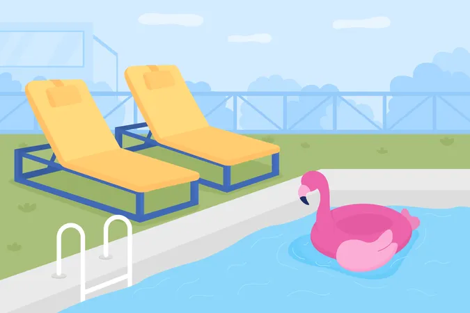 Public Swimming Bath Flat Color Vector Illustration Flamingo Float Aquatic Activities Spending Holidays Near Water Having Swimming Pool At Home 2 D Cartoon Backyard With Cityscape On Background Illustration