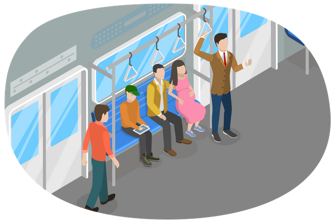 Public Transport and People in Train Interior  イラスト