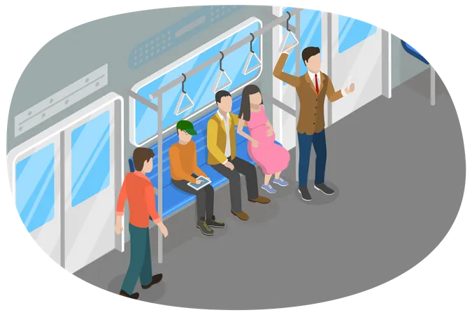 3 D Isometric Flat Vector Conceptual Illustration Of Public Transport Persons In Train Interior Illustration