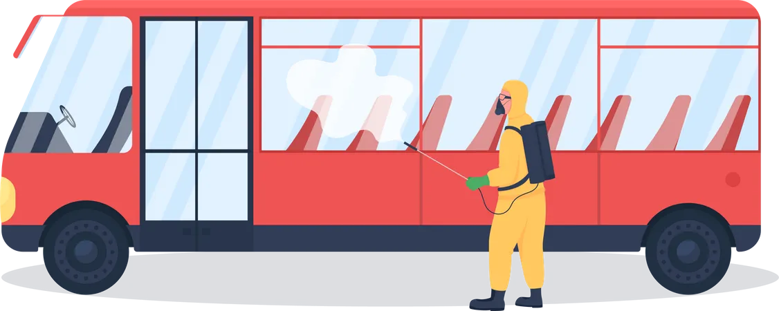 Public Transport Disinfection From Virus Flat Color Vector Faceless Character Healthcare Worker In Uniform Virus Epidemic Isolated Cartoon Illustration For Web Graphic Design And Animation Illustration