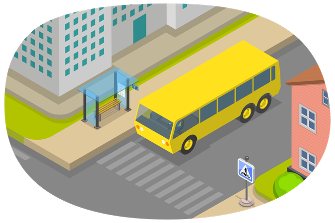 Public Transport Stop and Urban Commuting by Bus  Illustration