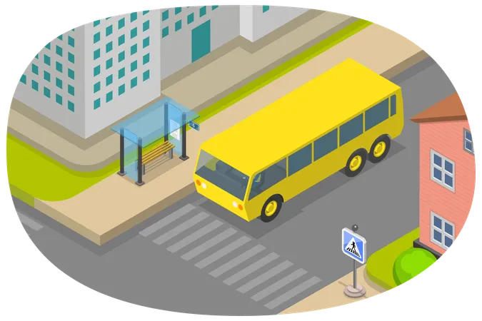 Public Transport Stop and Urban Commuting by Bus  Illustration