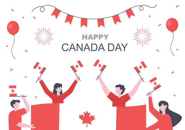 Pueblo canadiense celebrando el Día de Canadá  Ilustración